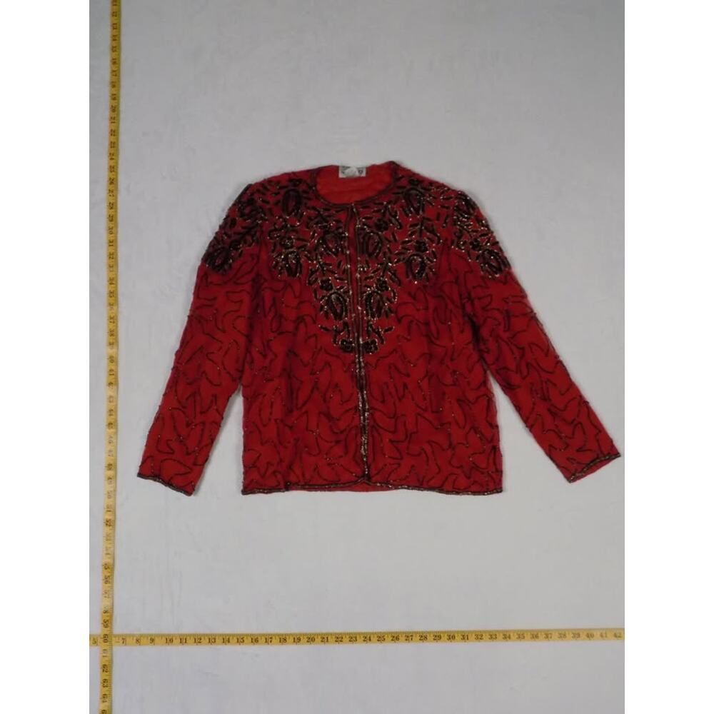JMD New York Vintage Red Silk Beaded Sequin Evening Jacket Womens Medium Floral